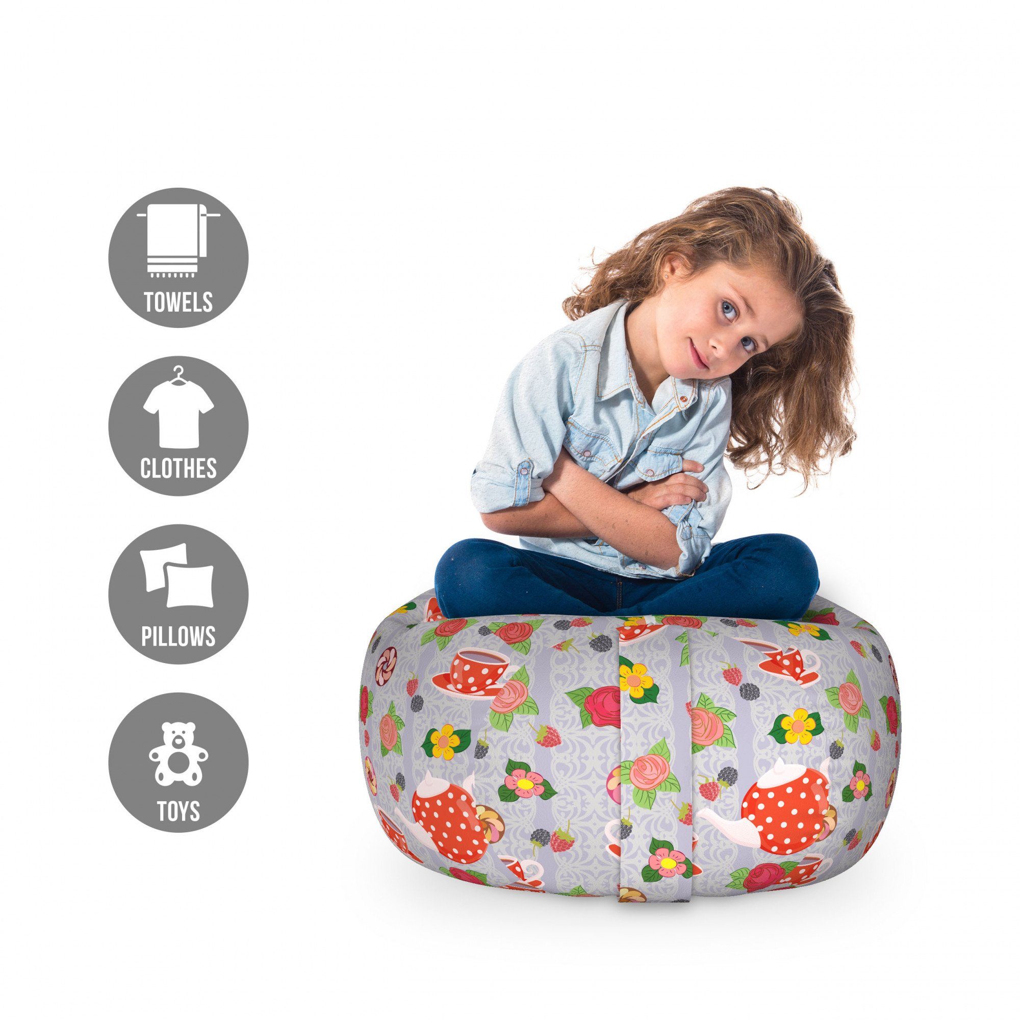 Abakuhaus Spielzeugtruhe Gefüllter Tier Organizer Waschbare Tasche für Kinder, Bunt Cartoon Teetöpfe Roses