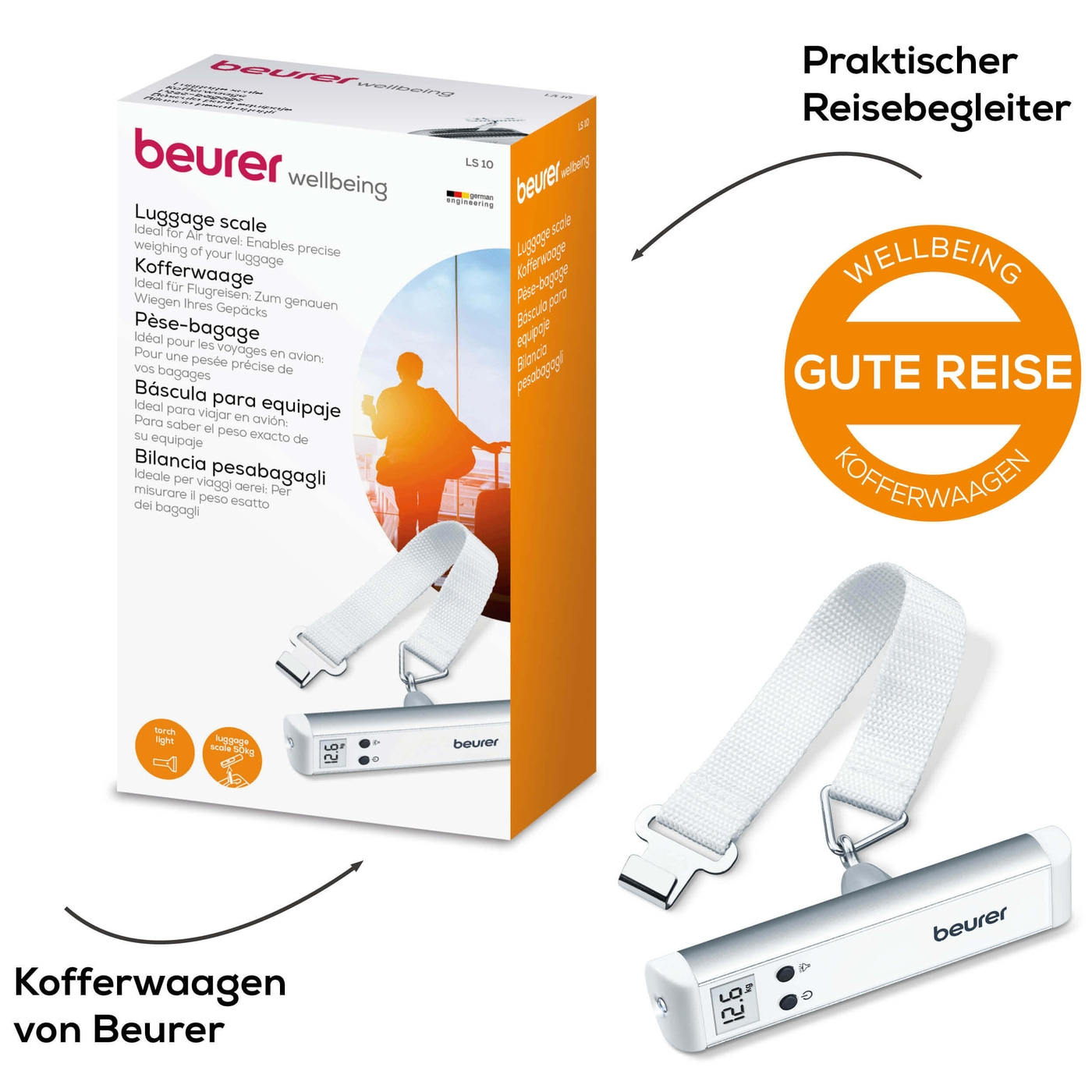 Beurer Kofferwaage LS 10-Kofferwaage mit Hold-Funktion & praktischer Taschenlampe - bis 50 kg