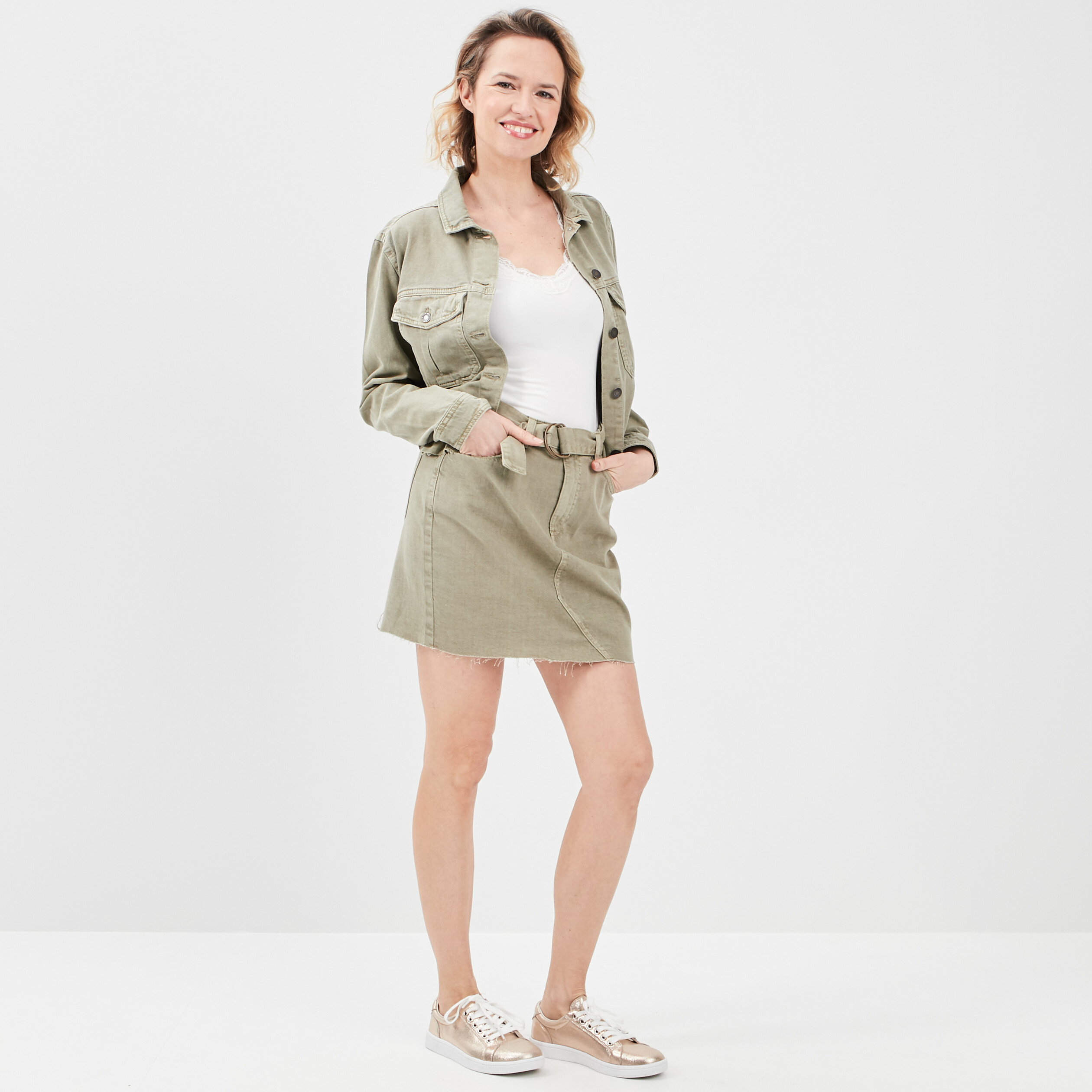 Jupe droite ceinturée vert kaki femme | La Halle