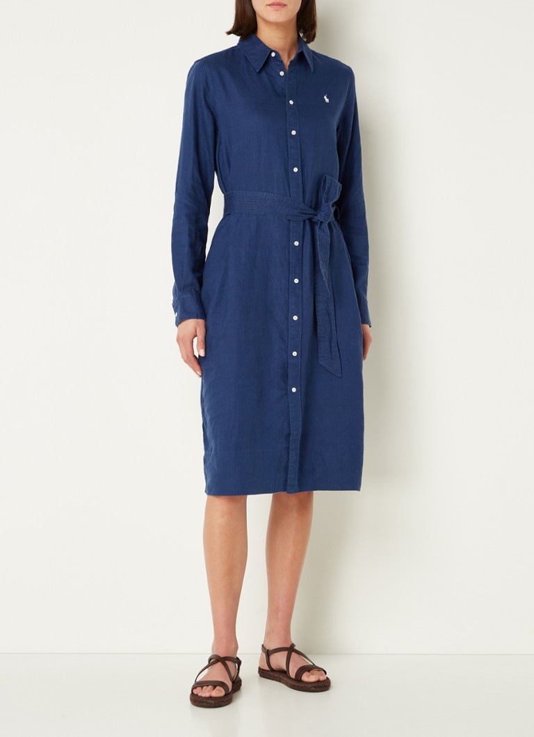 Lanena midi haljina-košulja Ralph Lauren s remenom za vezanje