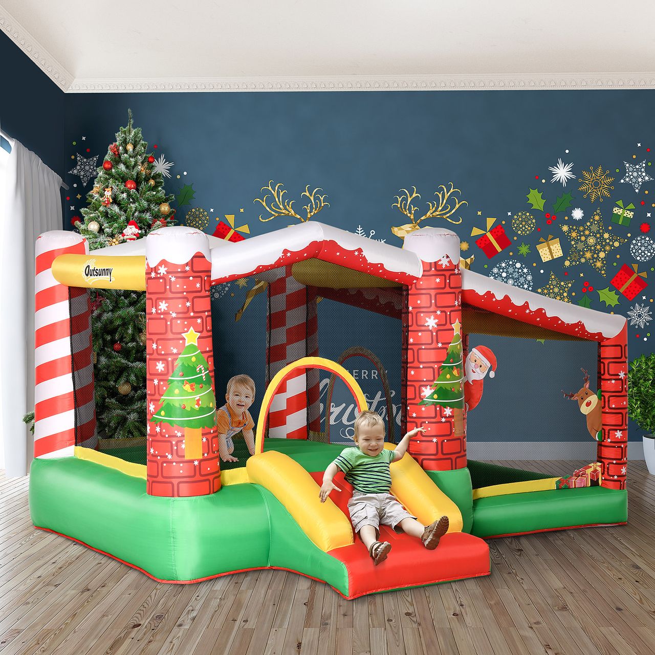Outsunny Weihnachten Aufblasbare Hüpfburg Trampolin kleine Rutsche Ballgrube für 3 Kinder Springburg mit Gebläse für 3-8 Jahre Kindergarten Oxford-Gewebe Polyester Rot Grün 325 x 270 x 175 cm