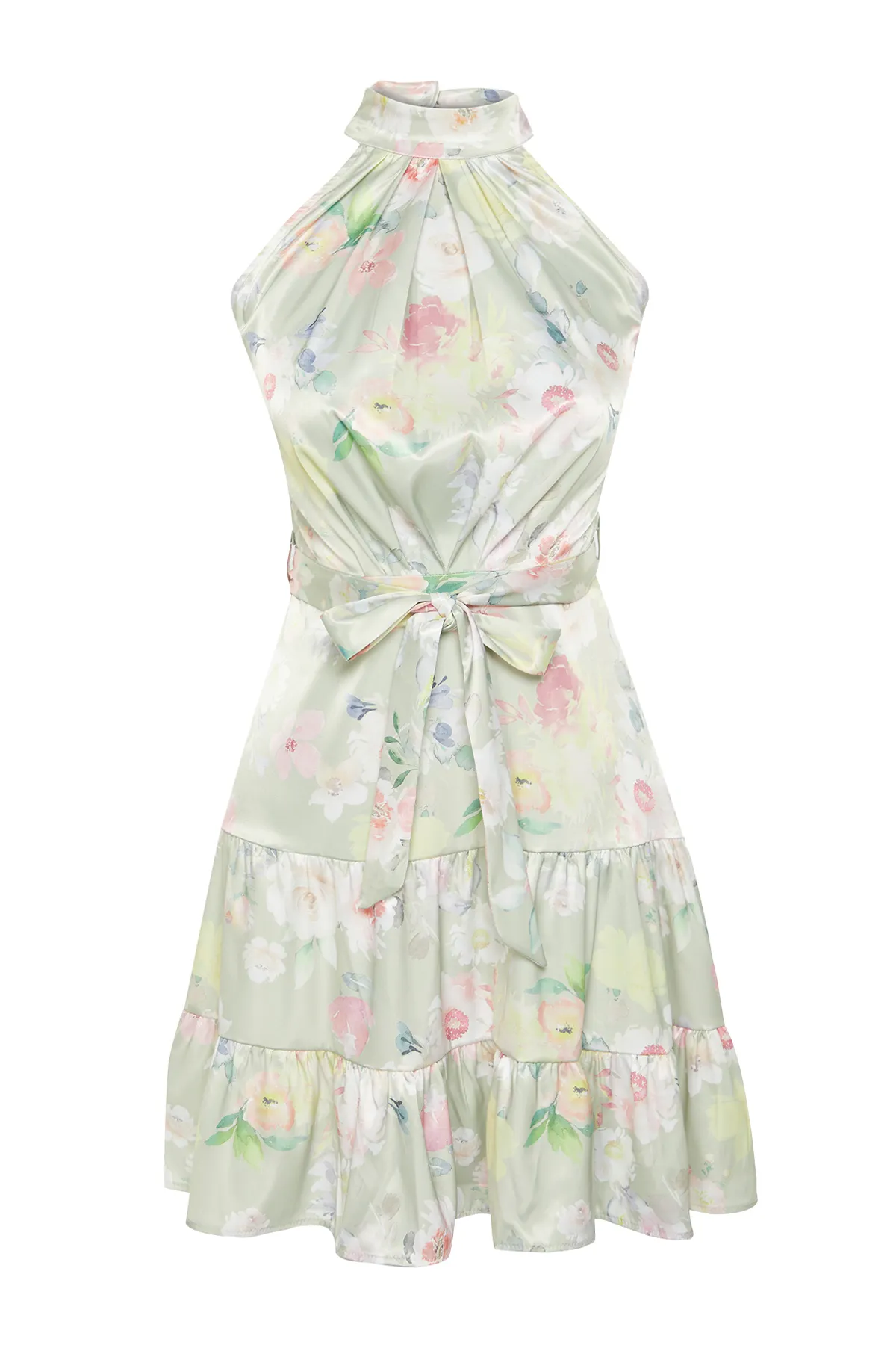 Trendyol Collection  Grünes A-Linien-Minikleid aus Satin mit Blumendruck TWOSS20EL2490