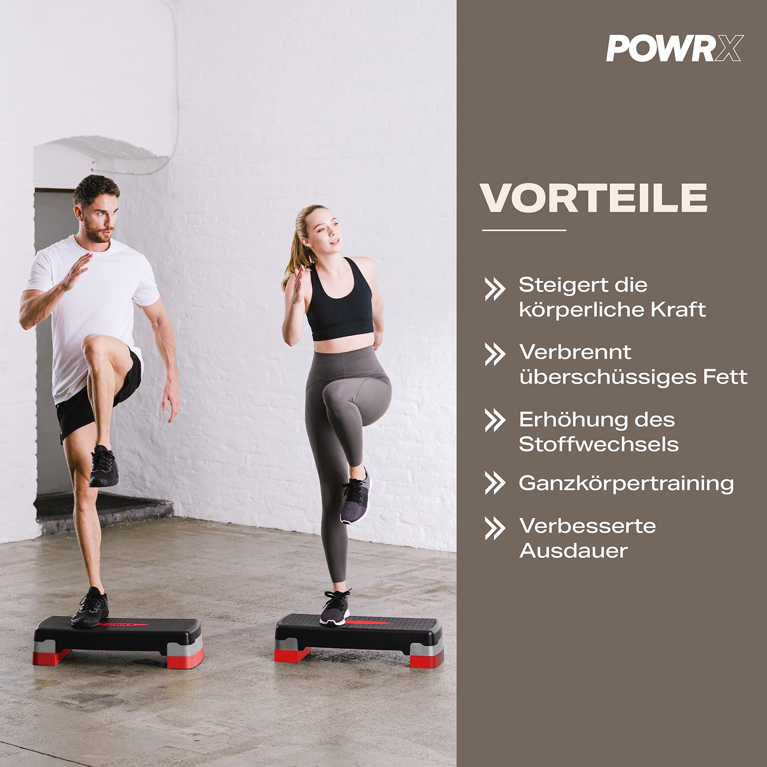 POWRX Stepper Steppbrett für Zuhause inkl. Workout höhenverstellbar & rutschfest., Schwarz-Rot