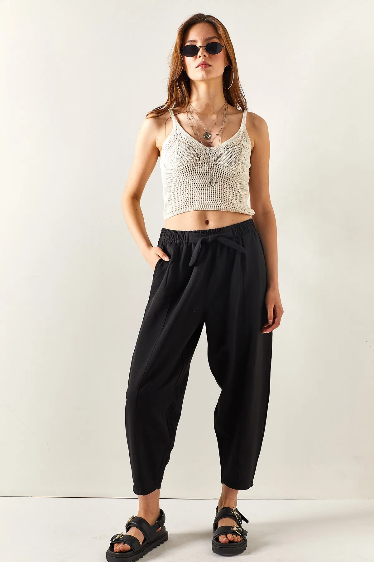 Olalook  Schwarze Damen-Shalwar-Hose aus Leinen mit Taschen und Nähten, PNT-19000234