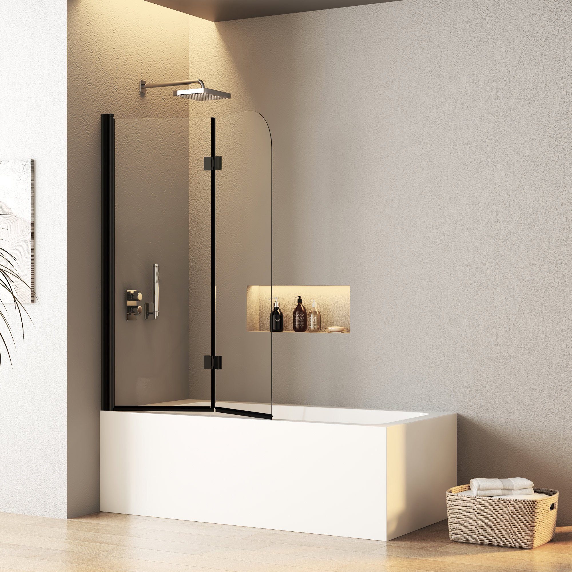 Boromal Badewannenfaltwand Duschtrennwand für Badewanne 100cm 2-teilig Falttür 6mm ESG NANO 140H, Einscheibensicherheitsglas; beidseitiger Nano Beschichtung, hochwertiger glatter Aluminiumrahmen, Hebe-Senk-Mechanismus