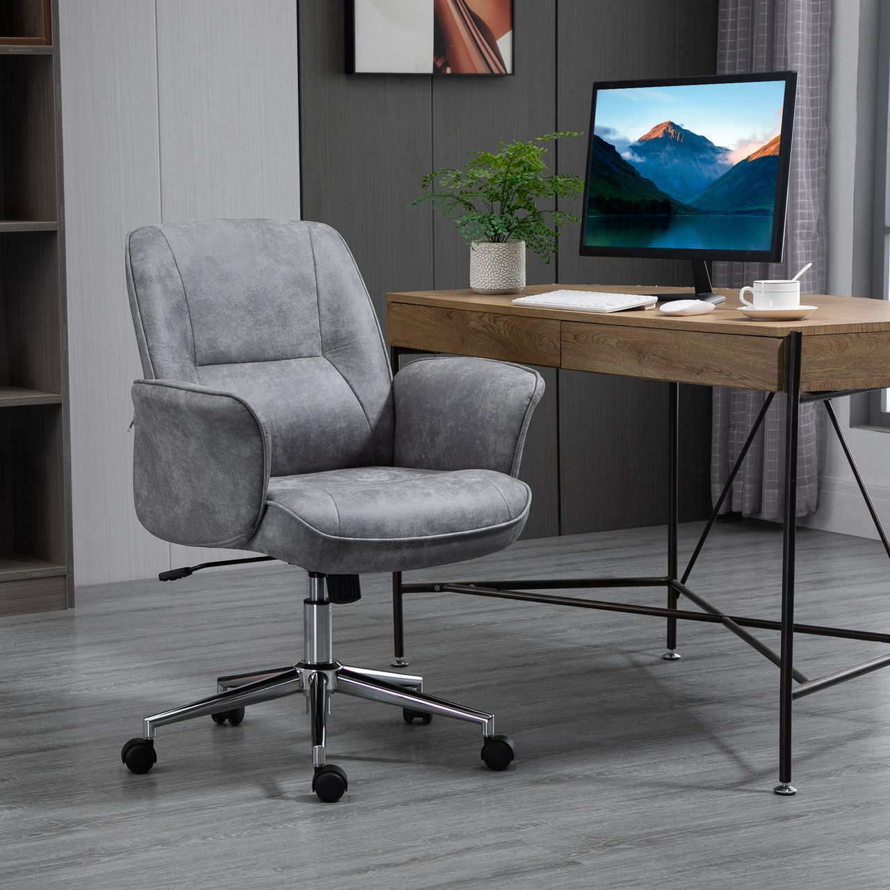 HOMCOM Bürostuhl Schreibtischstuhl Drehstuhl Home-Office-Stuhl mit Wippenfunktion höhenverstellbarer ergonomisch 360°-Drehräder modern schick Mikrofaser Schaumstoff Hellgrau 67x69x102 cm