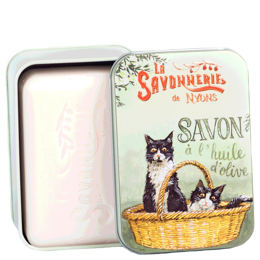 La savonnerie de nyons Savon 200g Fleur de Coton et Boîte Métal Chats Noir & Blanc Savon