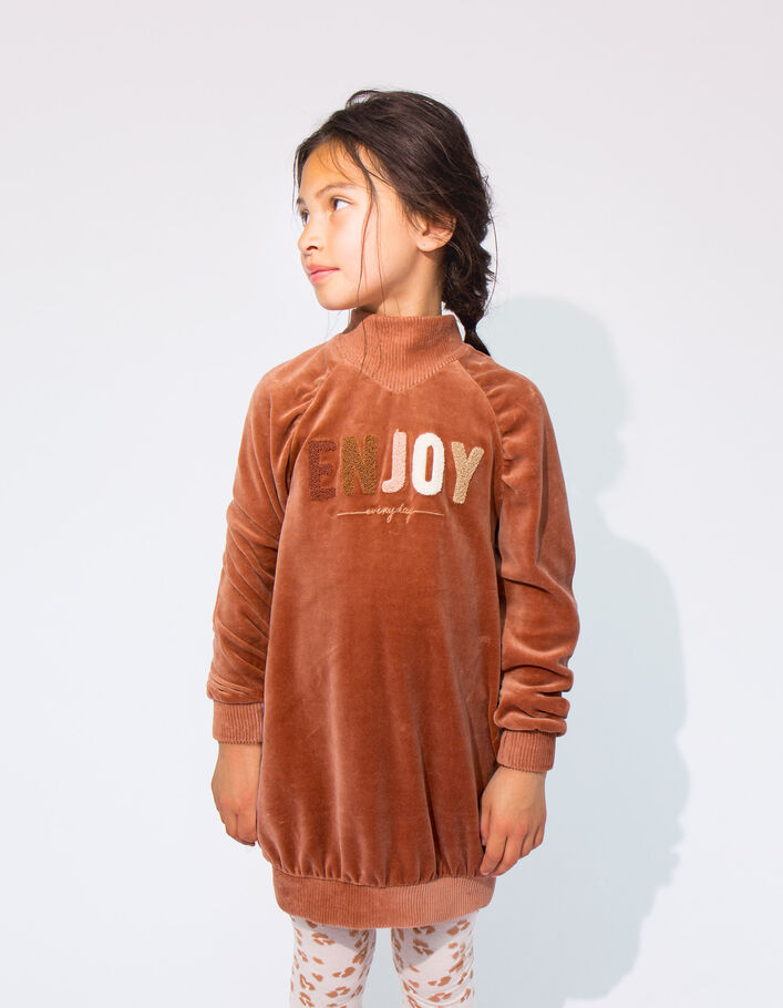 Robe rose cuivré maille velours à capuche fille