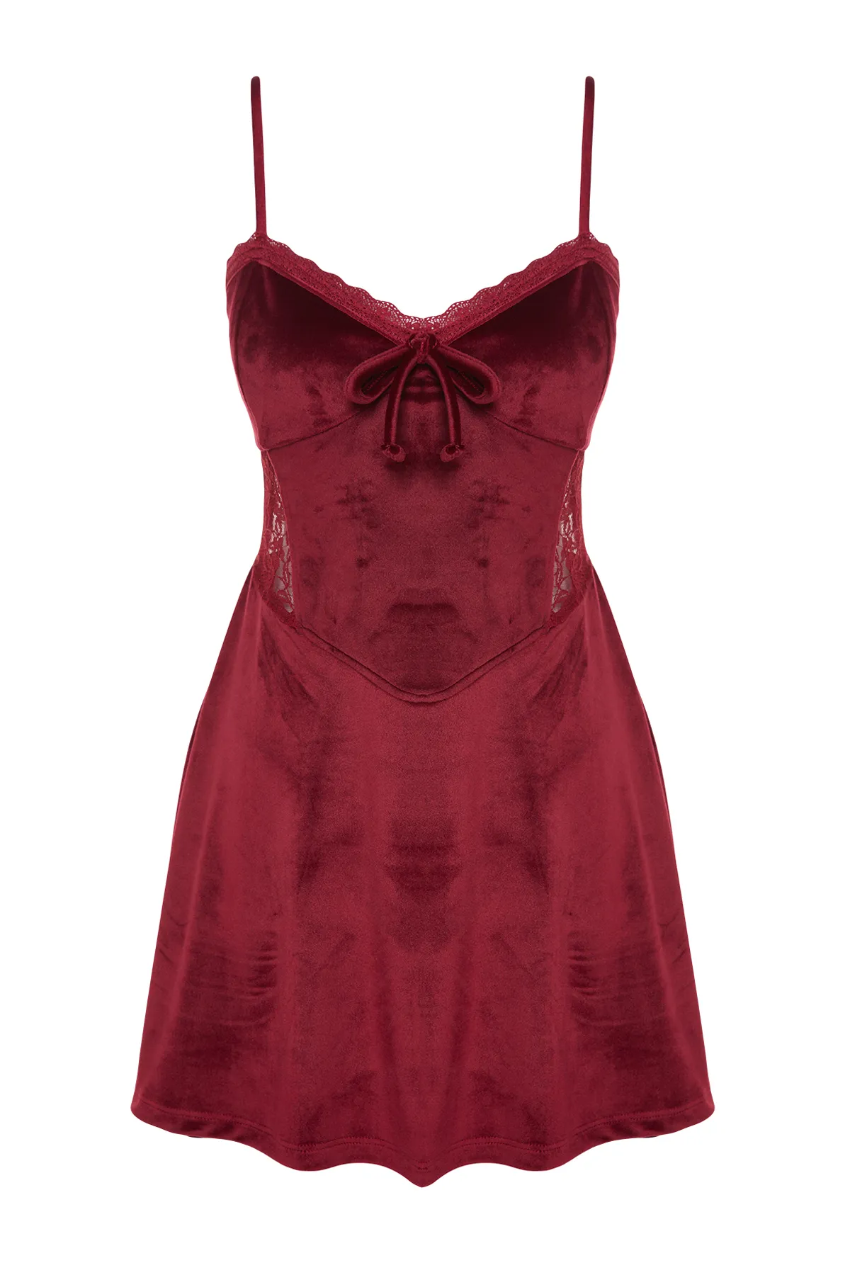 Trendyol Collection  Burgunderrotes, weiches Nachthemd aus Cordstrick mit Spitzendetail und Trägern THMAW24GC00000