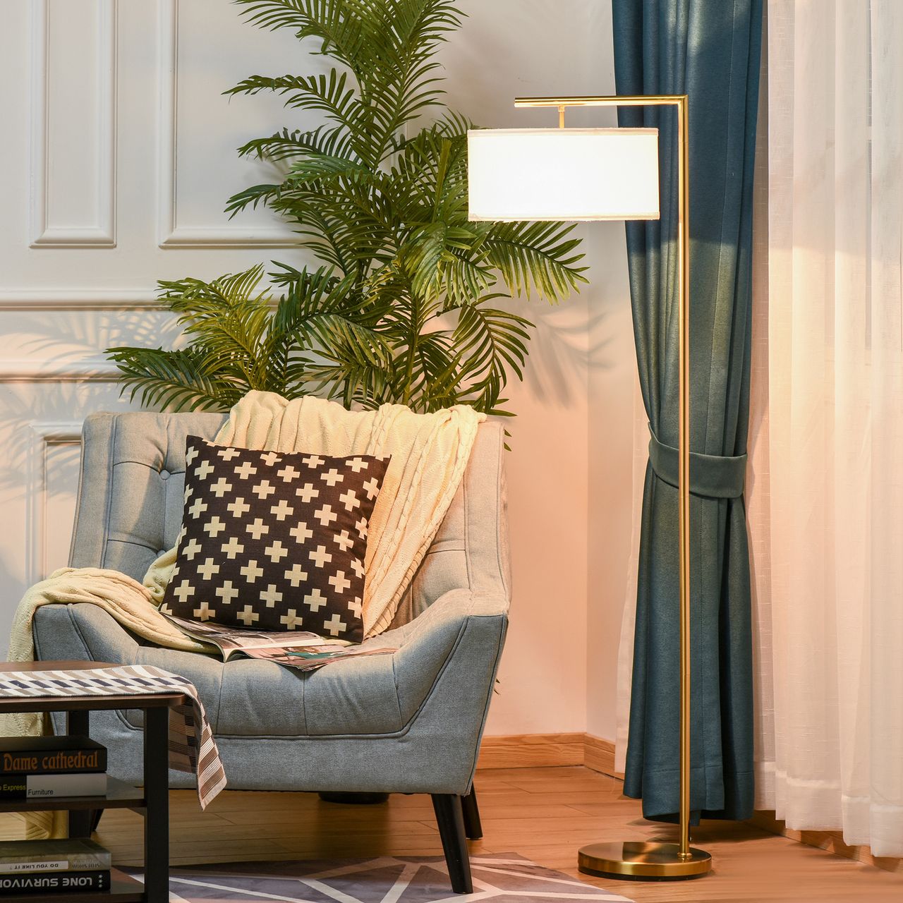 HOMCOM Stehlampe für Wohnzimmer Schlafzimmer Büro Gold/Weiß E27 Sockel