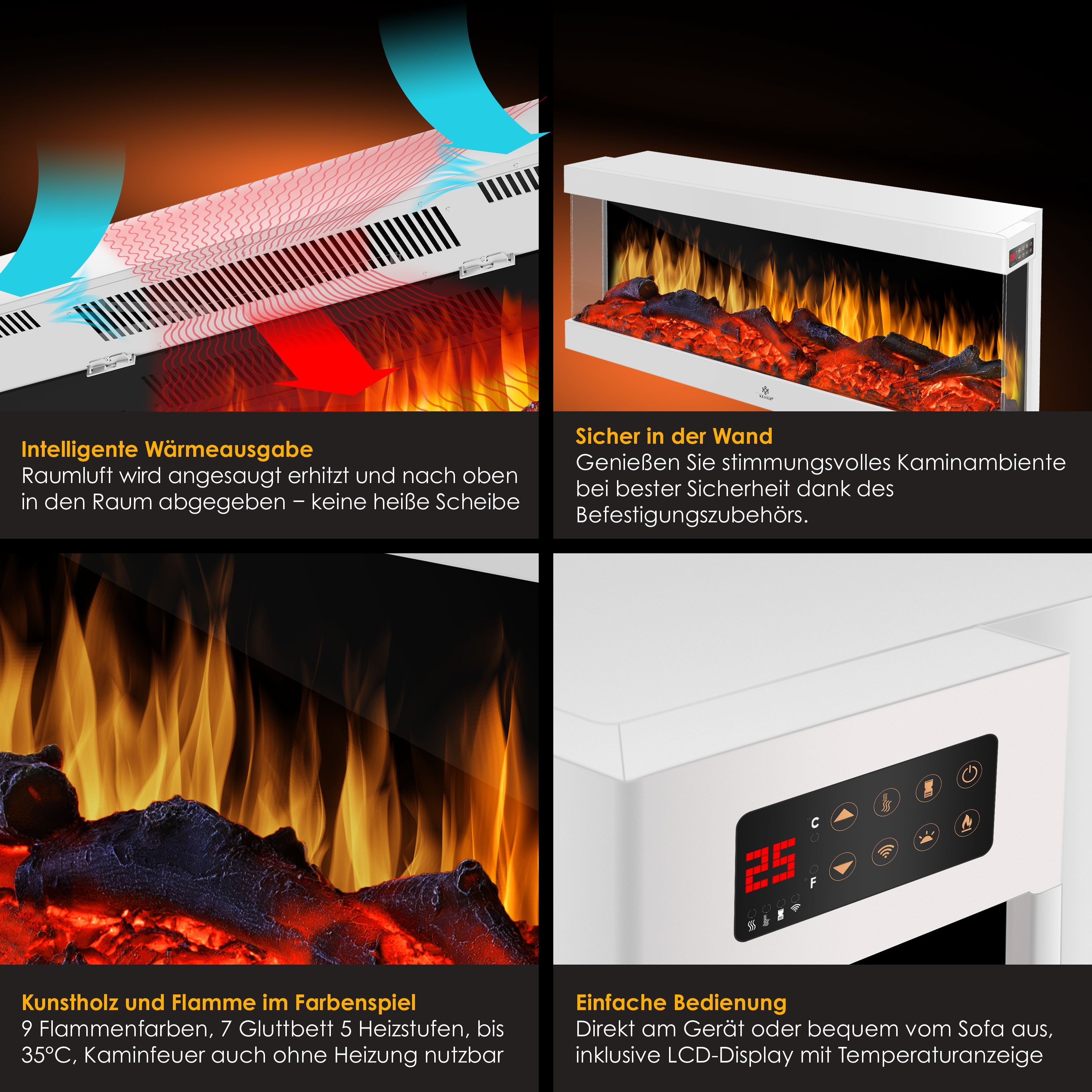 KESSER Elektrokamin, Kaminofen Elektrokamin Wandkamin 9 Farbmodi LED Flammen