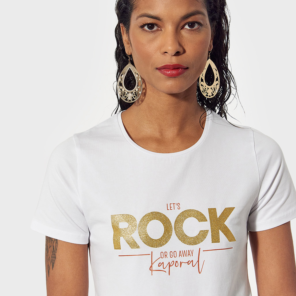 ARPEK  T-shirt cintré blanc Femme avec imprimé ROCK pailleté
