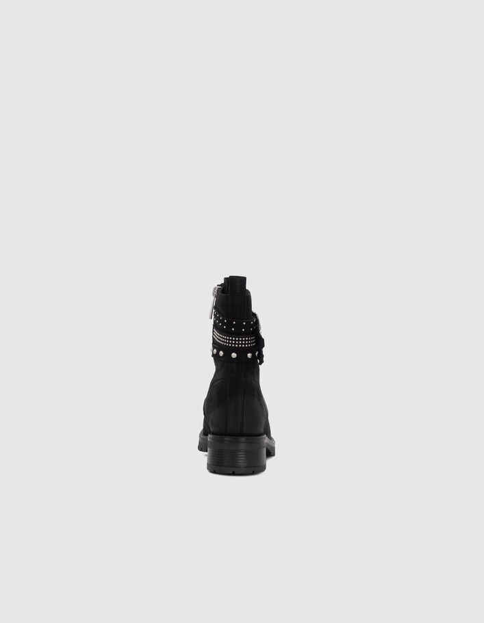 Boots à lacet noirs cuir à brides cloutées Femme