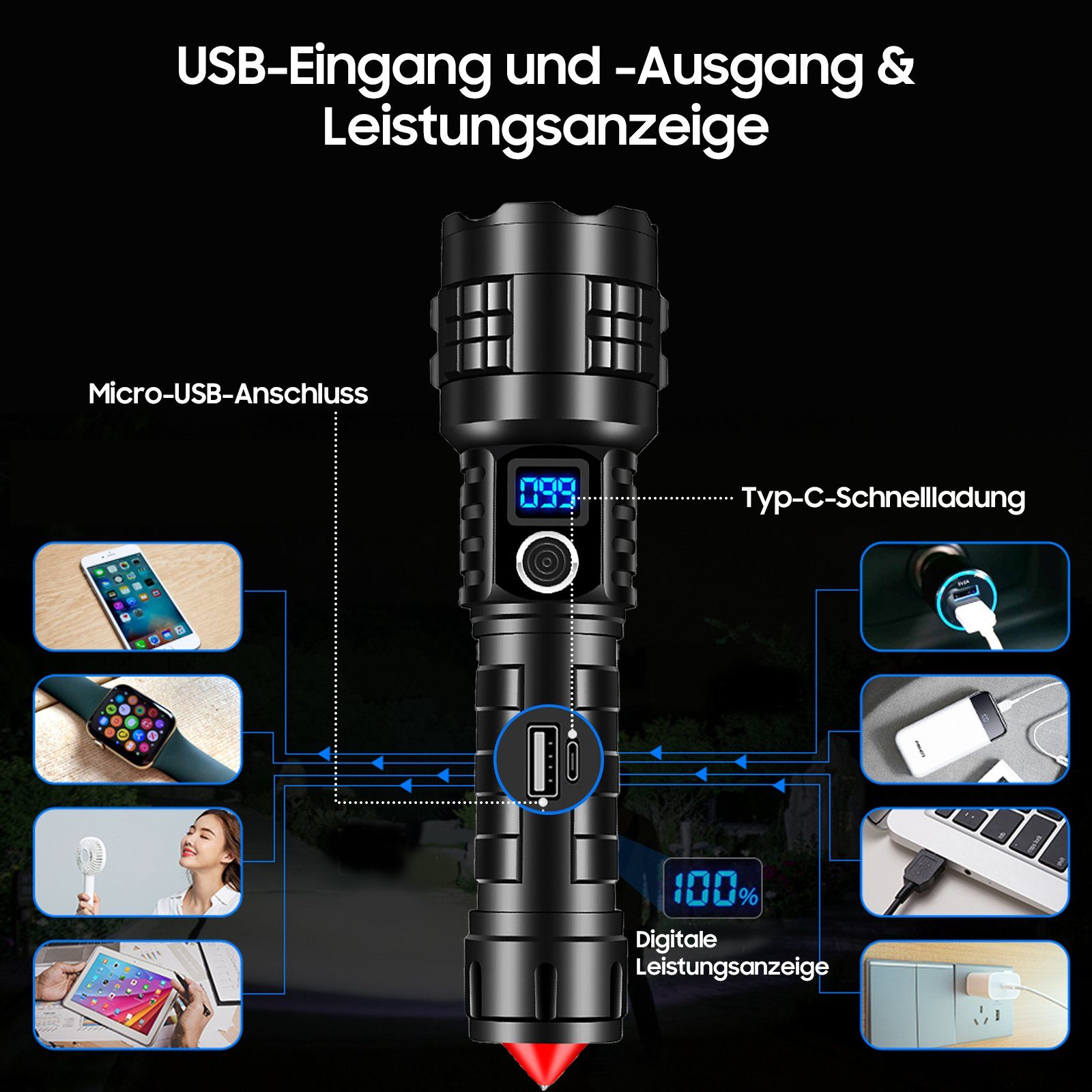 Aoucheni Taschenlampe Taschenlampe LED Aufladbar, 1500 Lumen LED Taschenlampe Extrem Hell (Mit Sicherheitshammer, Zoombar, wasserdicht, 5 Modi), für Camping, Wandern, Outdoor, Notfäll