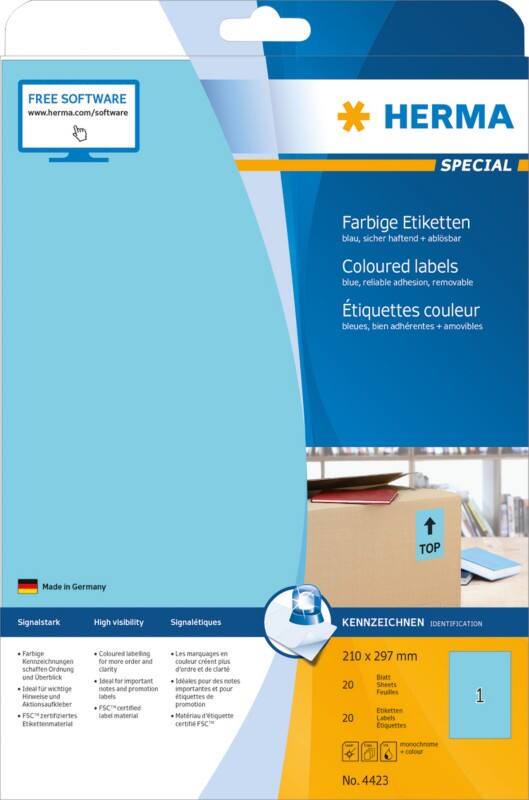 HERMA Farbige Etiketten 4423 Blau Rechteckig 210 x 297 mm 20 Blatt à 14 Etiketten