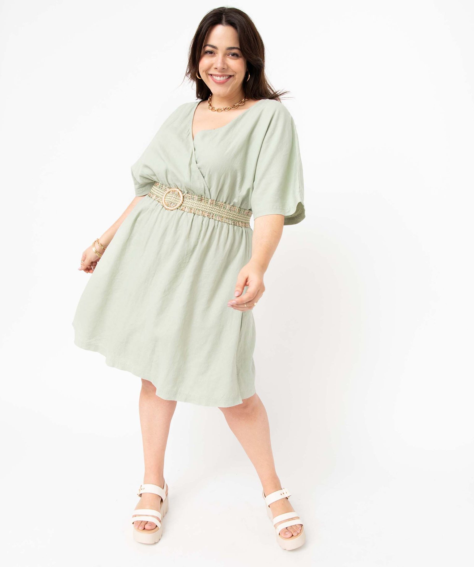 Robe femme grande taille en lin mélangé à col cache-cur beige | GEMO
