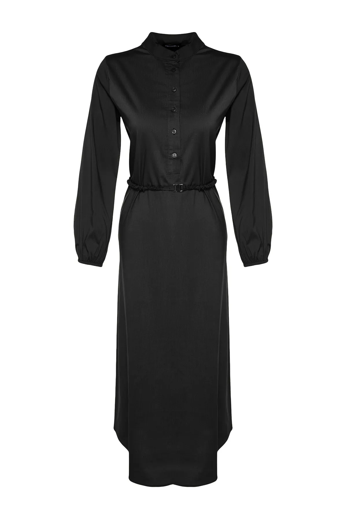 Trendyol Modest  Schwarzes, gewebtes Kleid mit halber Knopfleiste und hohem Kragen und Gürtel TCTAW24EB00091