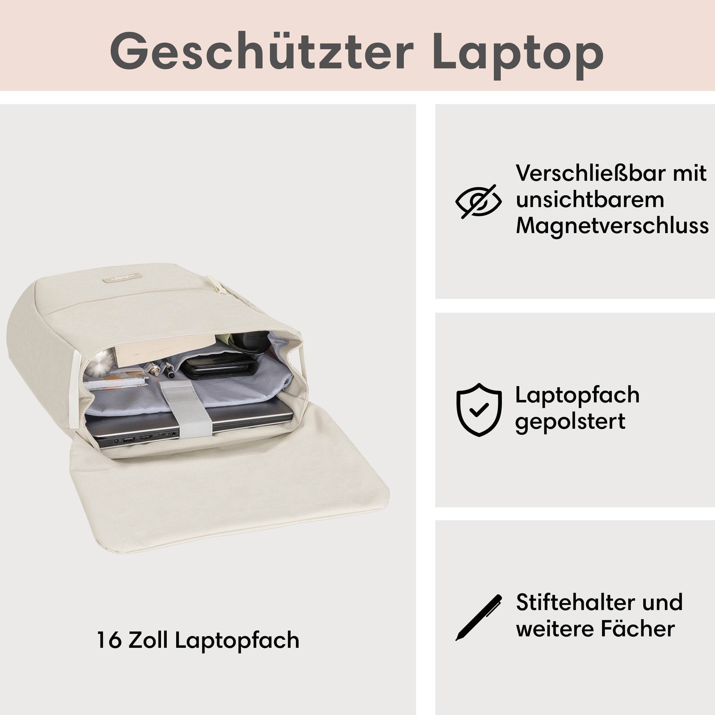LARKSON Cityrucksack Ronja Laptop Rucksack Damen Herren Klein Elegant, Magnetverschluss, Laptopfach, Wasserabweisend
