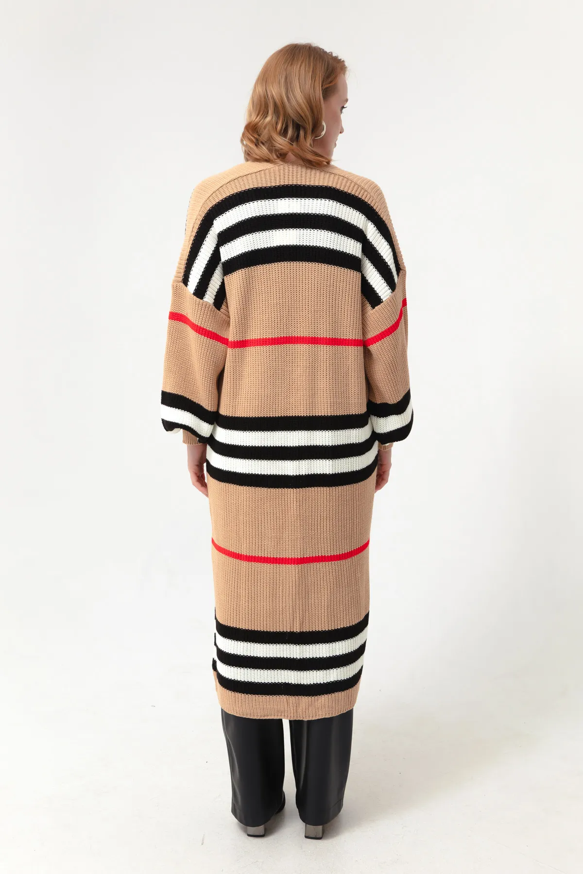 Lafaba  Hellbraun-schwarzer, langer Strick-Cardigan mit Ballonärmeln für Damen