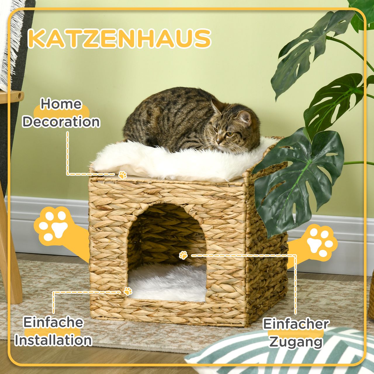 PawHut Rattan Katzenhaus, Katzenhöhle mit Kissen, Katzenhütte mit 2 Ebenen