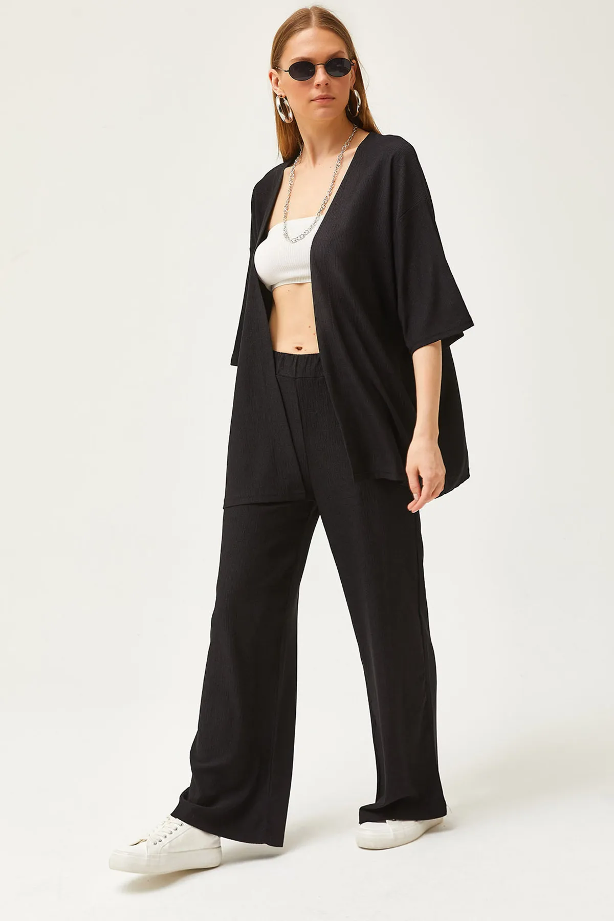 Olalook  Schwarzes Damen-Set aus Oberteil und Kimono sowie Hose TKM-19000280