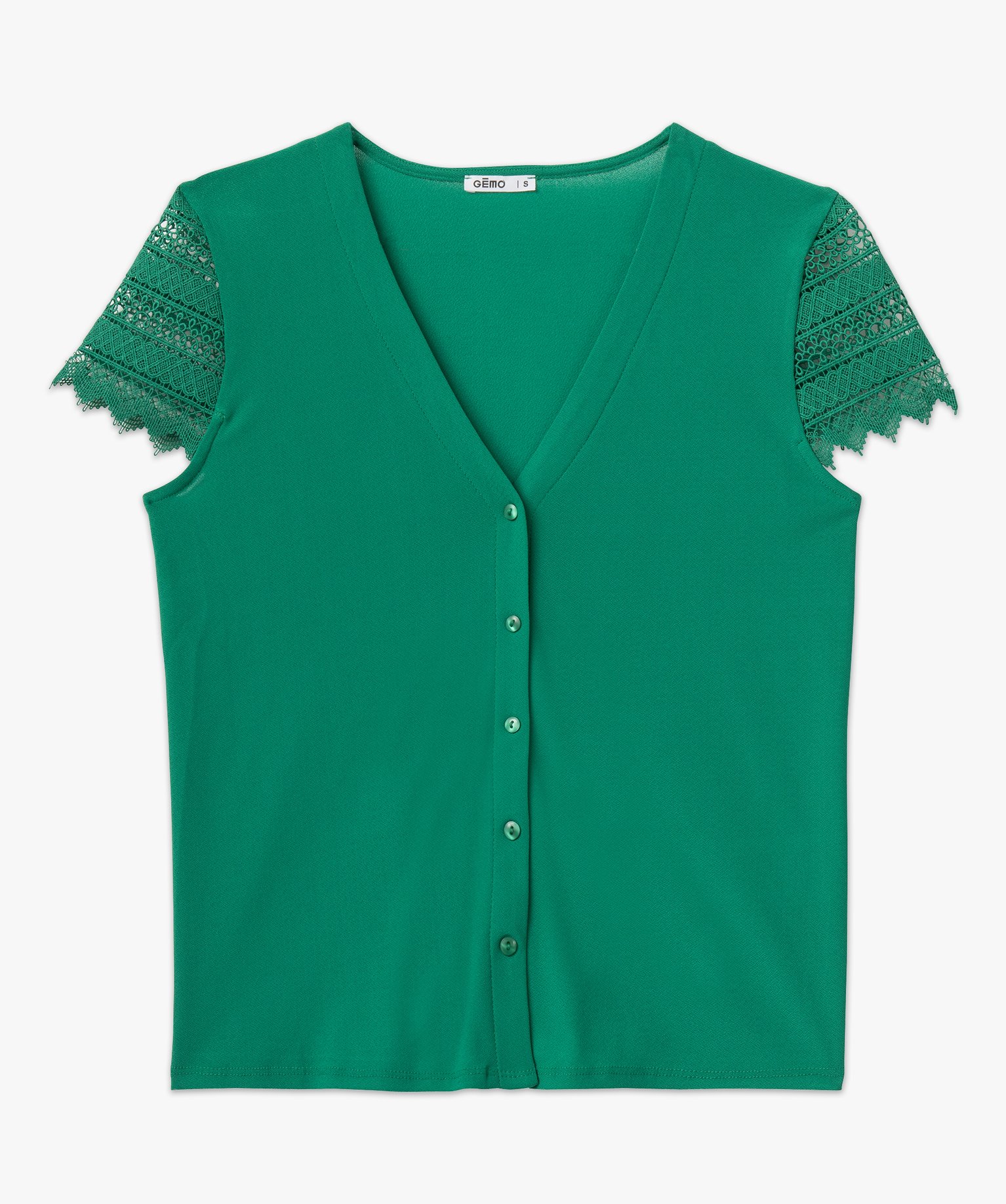 Tee-shirt boutonné à manches courtes en dentelle femme vert | GEMO