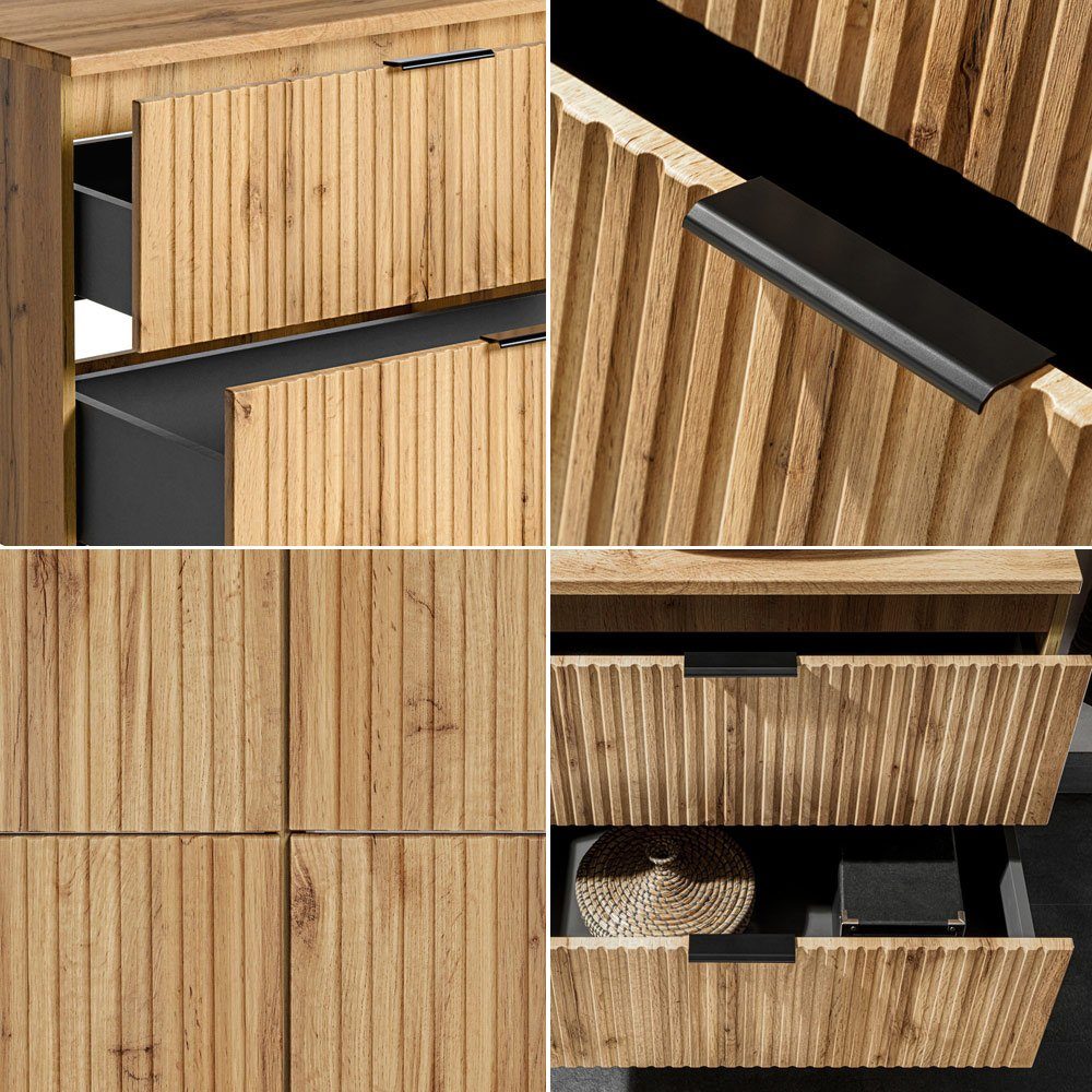 Lomadox Badmöbel-Set ADELAIDE-56, (4-St), Eiche Rillenoptik Spiegel Waschbeckenschrank Waschbecken Hochschränke