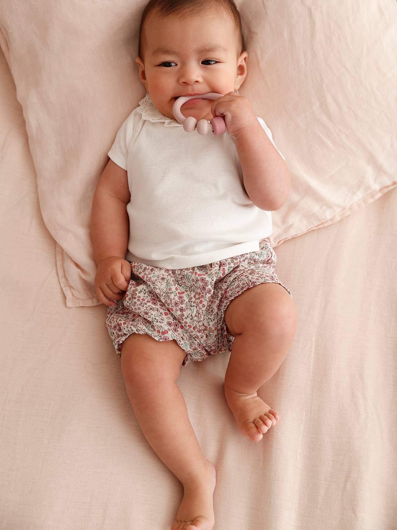 Vertbaudet Baby-Set: T-Shirt mit Kragen & geblümte Shorts, personalisierbar - wollweiß