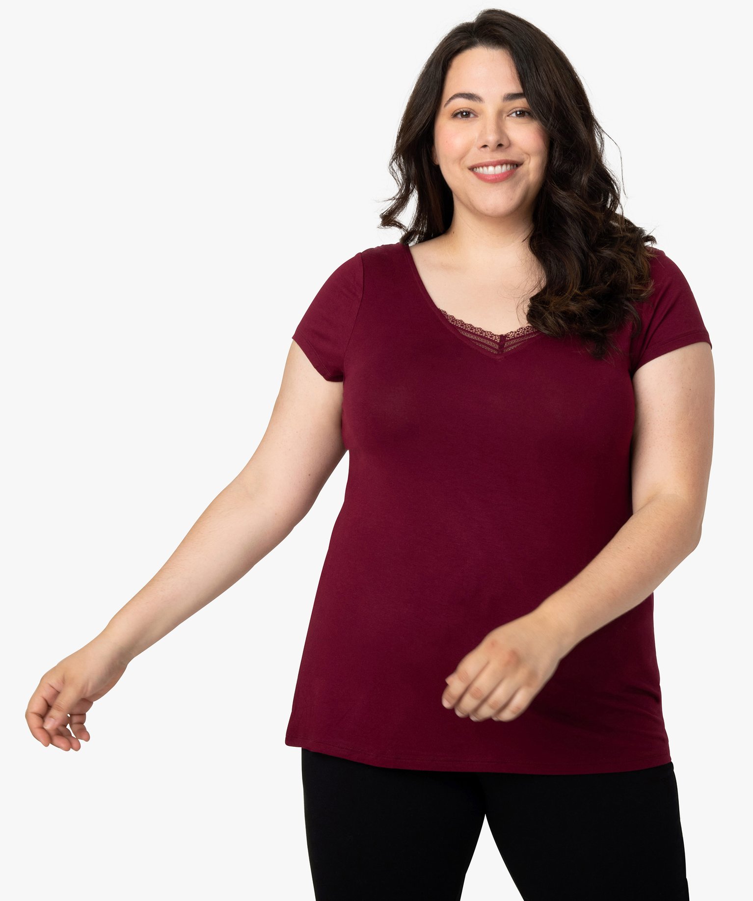 Tee-shirt de nuit femme grande taille avec col V bordé de d... violet fonce | GEMO