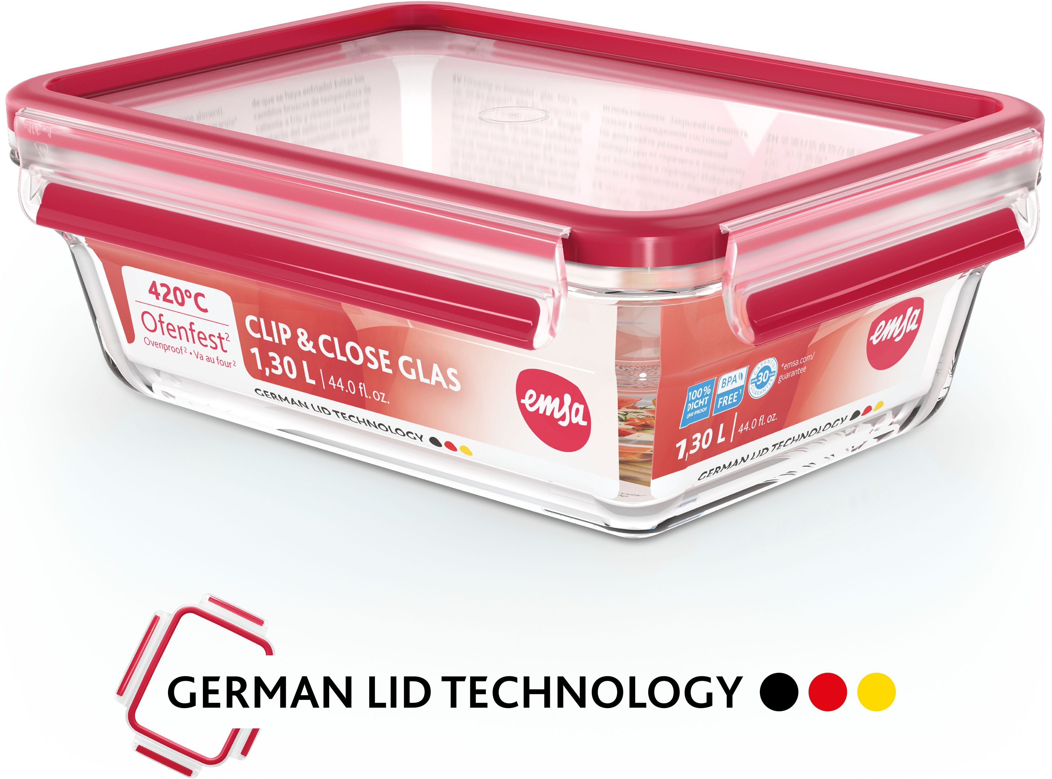 Emsa Frischhaltedose N10507 Clip & Close Glas, Glas, Kunststoff, (Set, 3-tlg), 3 x 0,18L, gefrierfest, backofenfest, mikrowellenfest, 100% dicht