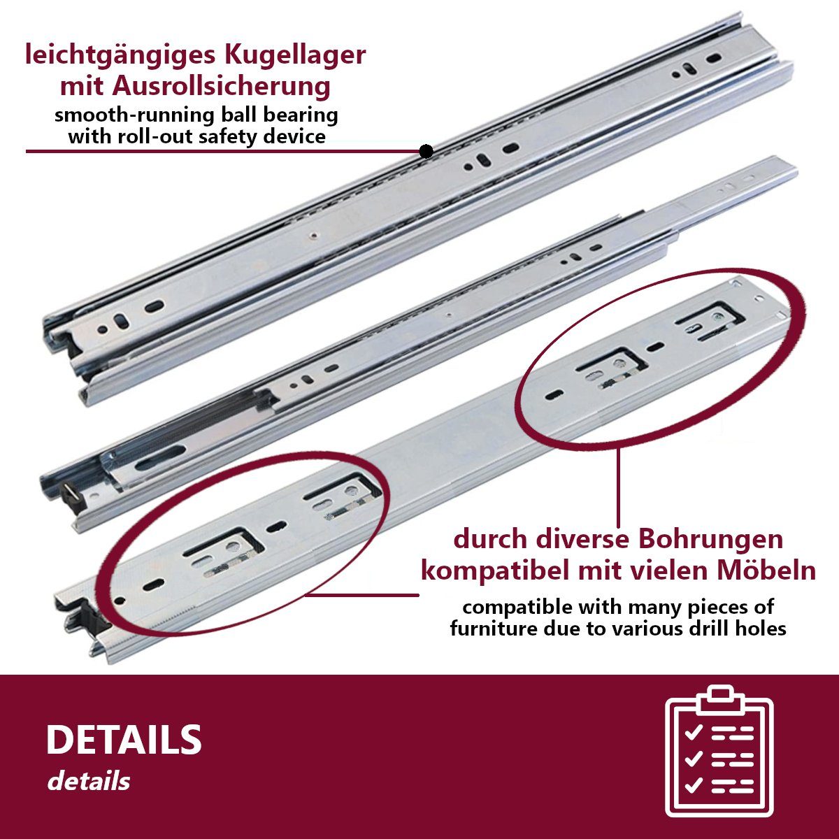 HOOZ Auszug Schubladenführung Vollauszug 30 - 60 cm (2er Set, 2 St., 1 Paar), 2er Set