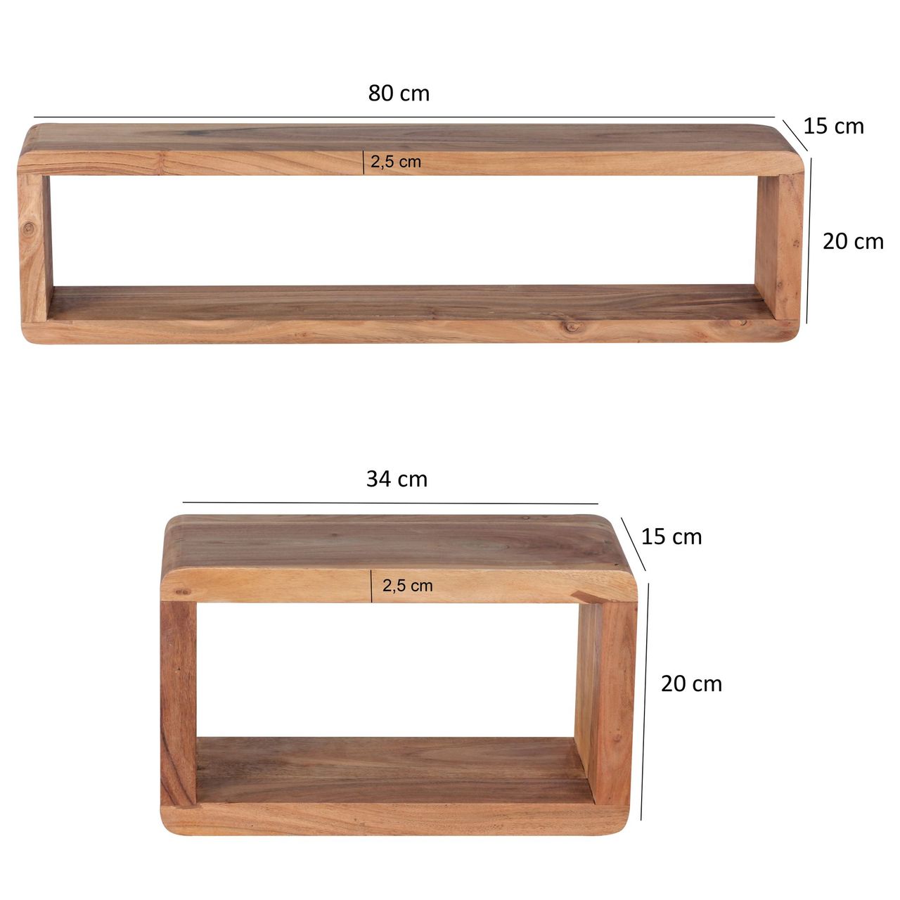 Wohnling Akazie Massivholz 3er Set Wandregale Cubes