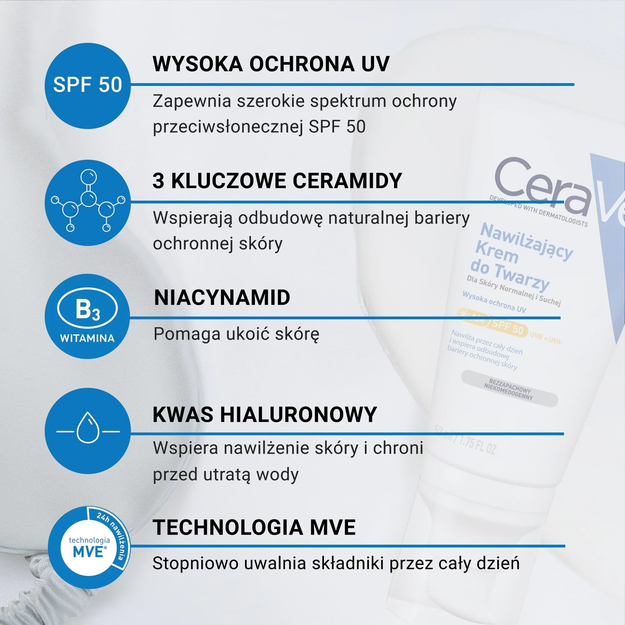 „CeraVe“ drėkinamasis veido kremas su SPF 50 normaliai ir sausai odai