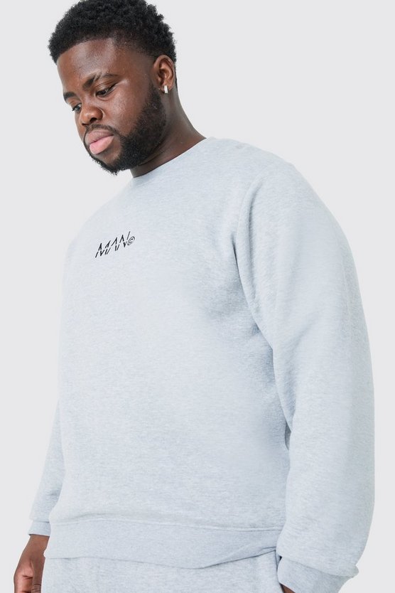 Plus Man Dash Crew Neck Sweatshirt In Grey Marl