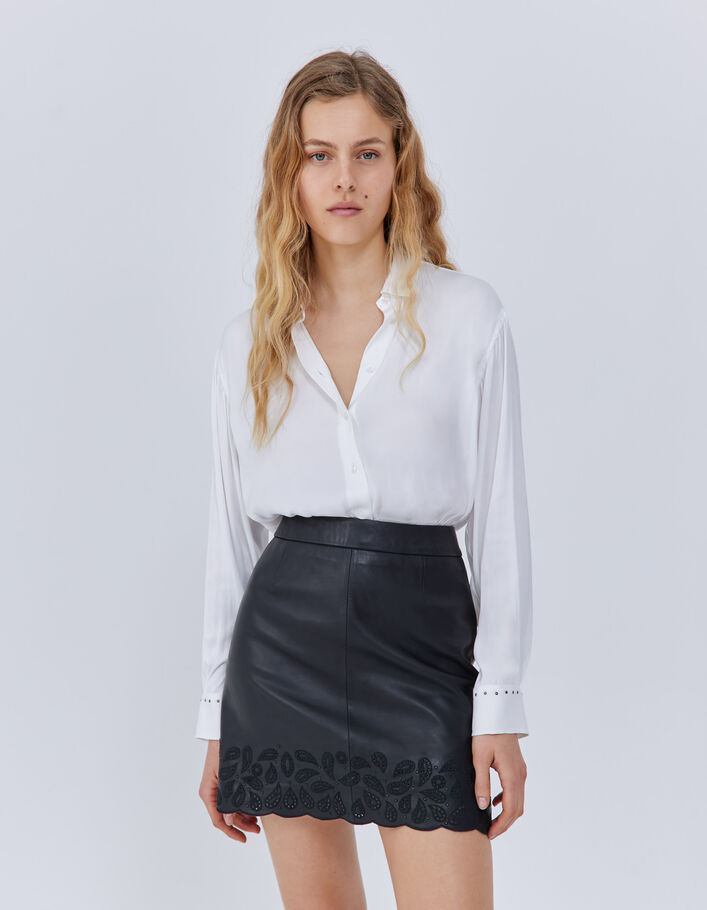 Jupe courte noire en cuir brodé Femme