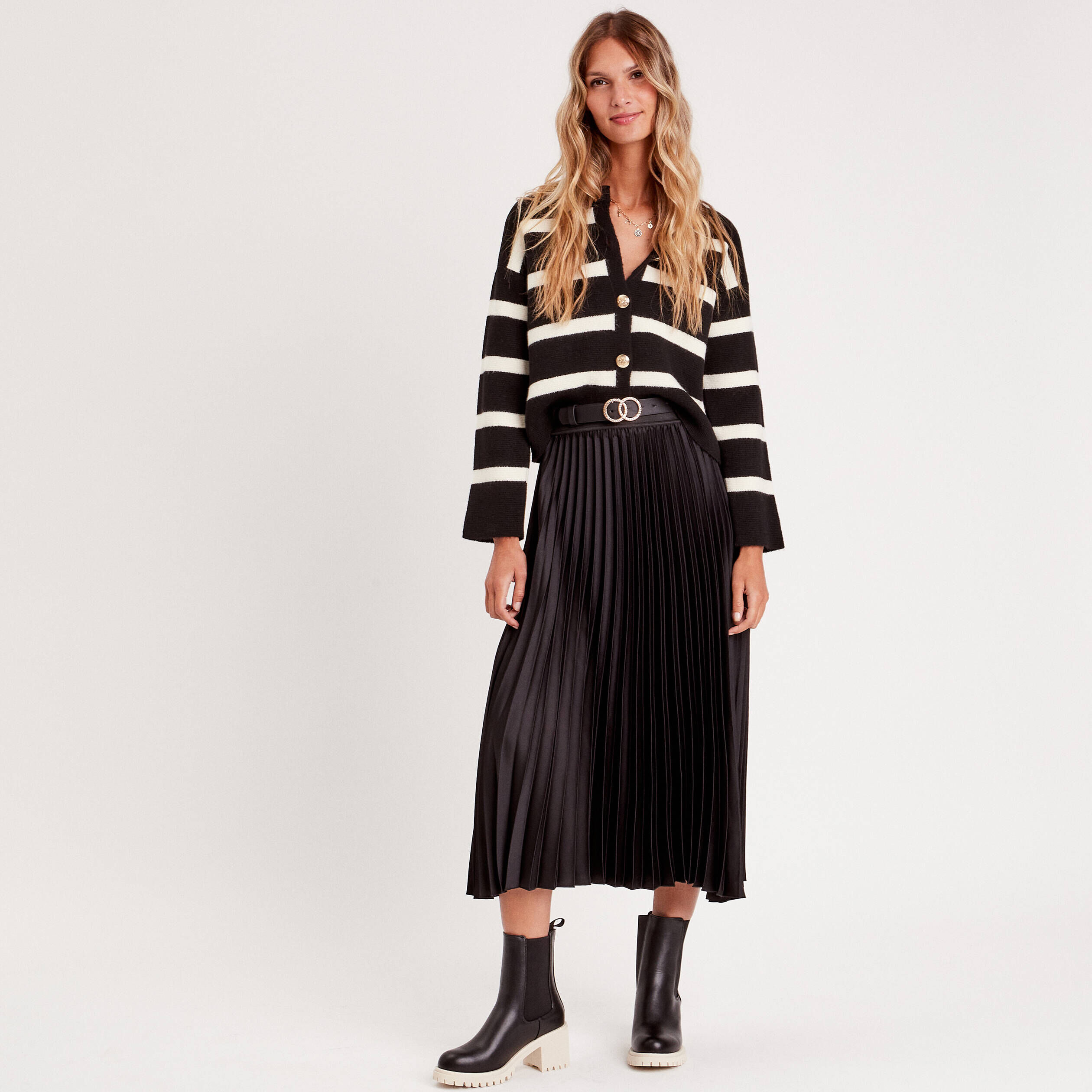 Jupe longue patineuse plissée noir femme | Cache Cache