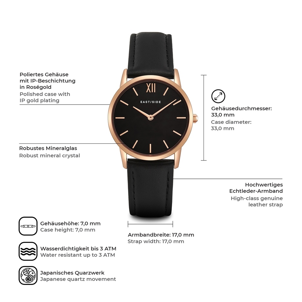EASTSIDE Montre à quartz Upper Union en Or rose Cuir véritable en Noir Montre