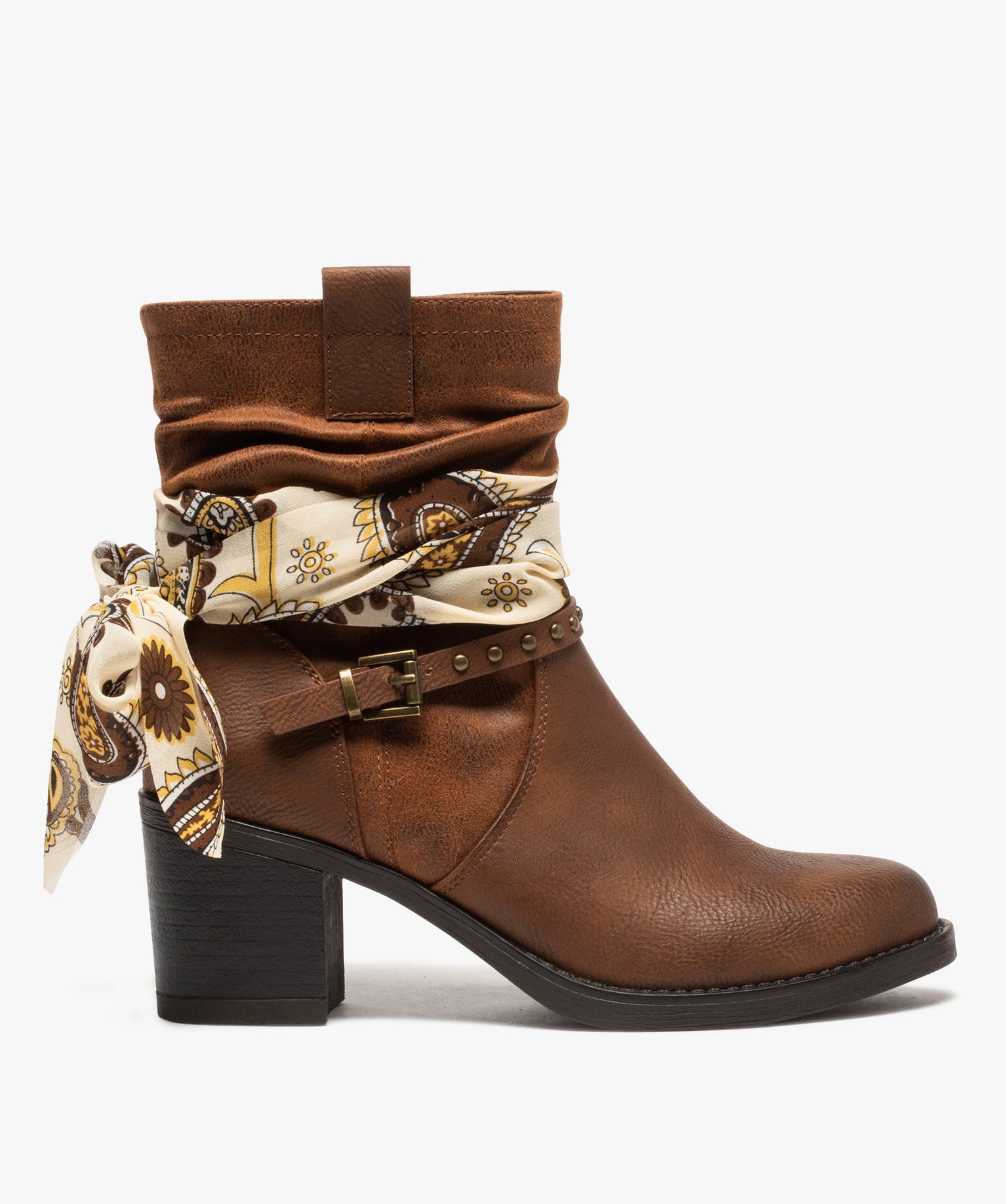 Boots femme à talon avec foulard et brides décoratives camel | GEMO