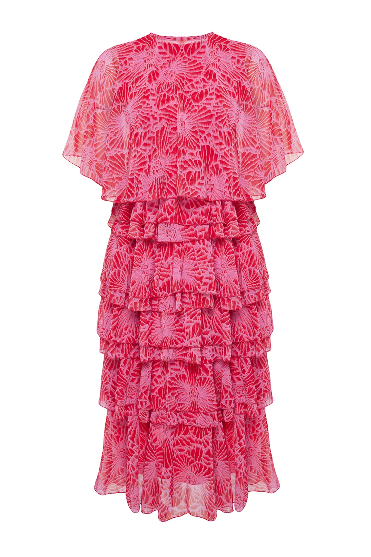 Trendyol Modest  Mehrlagiges, gewebtes Chiffon-Abendkleid mit rosa Blumenrock TCTSS24DB00007