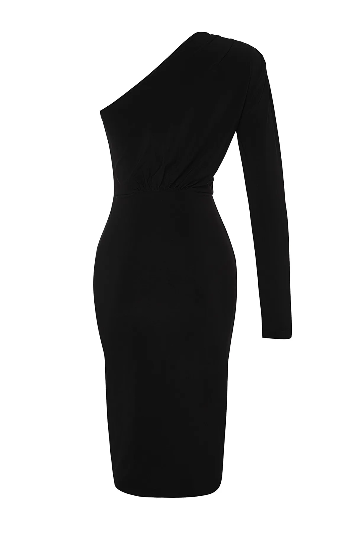 Trendyol Collection  Schwarzes, drapiertes, detailliertes One-Shoulder-Midi-Strickkleid mit Stretch TWOAW24EL00123