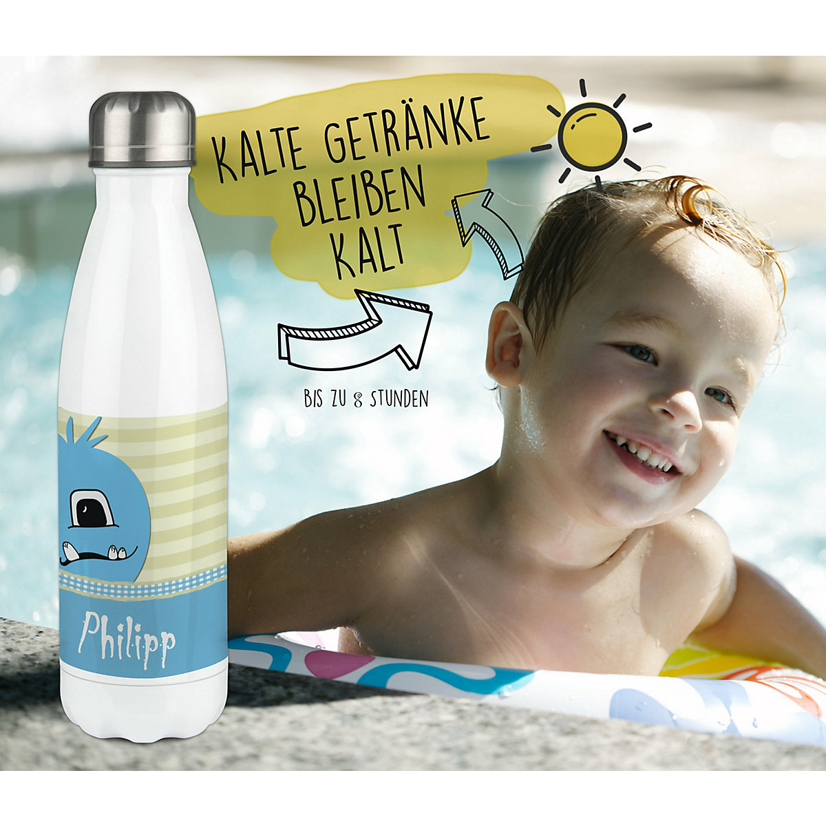 Edelstahl Kinder Thermoflasche / Trinkflasche bunt Monster Karo Farbe hellblau Spülmaschinenfest, Auslaufsicher, Bruchfest, Doppelwandig, Für Heißgetränke geeignet, Mit Deckel, Isoliert