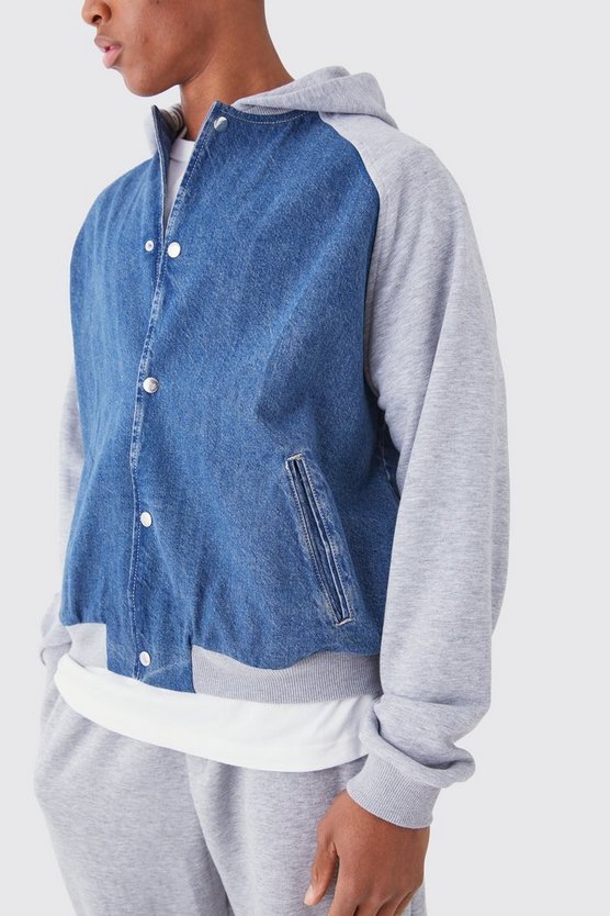 Kastige Jersey und Denim Bomberjacke mit Kapuze