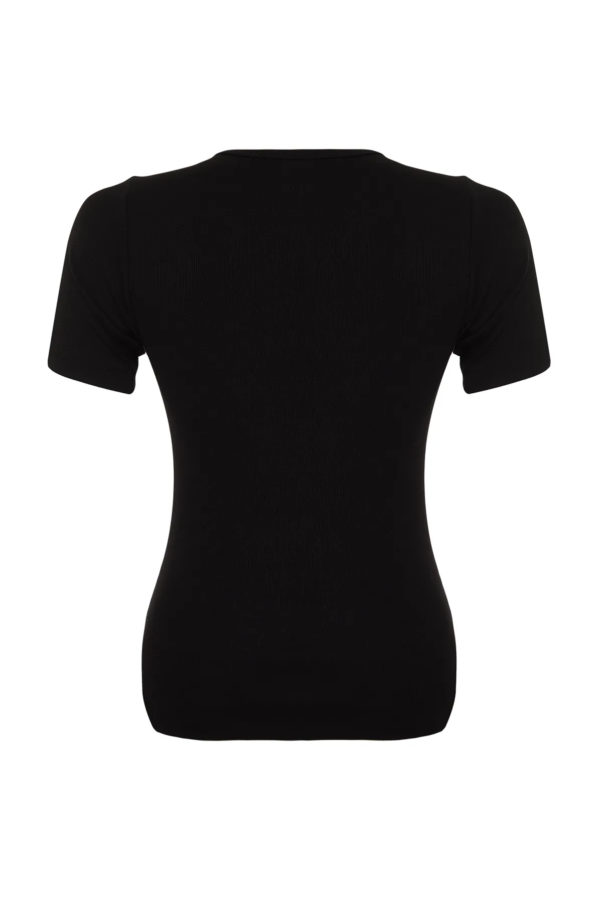 Trendyol Curve  Schwarzes, geripptes Strick-T-Shirt mit herzförmigem Ausschnitt TBBSS24BF00006
