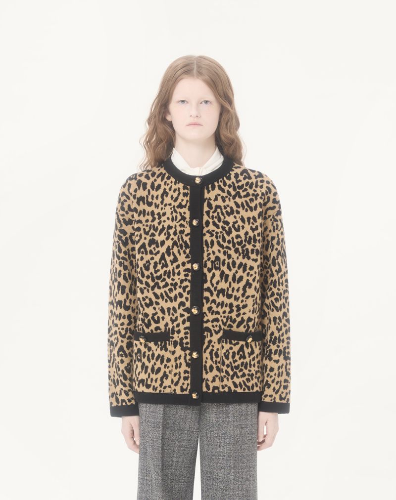 Jaqueta de lã tricotada com estampa animal em jacquard