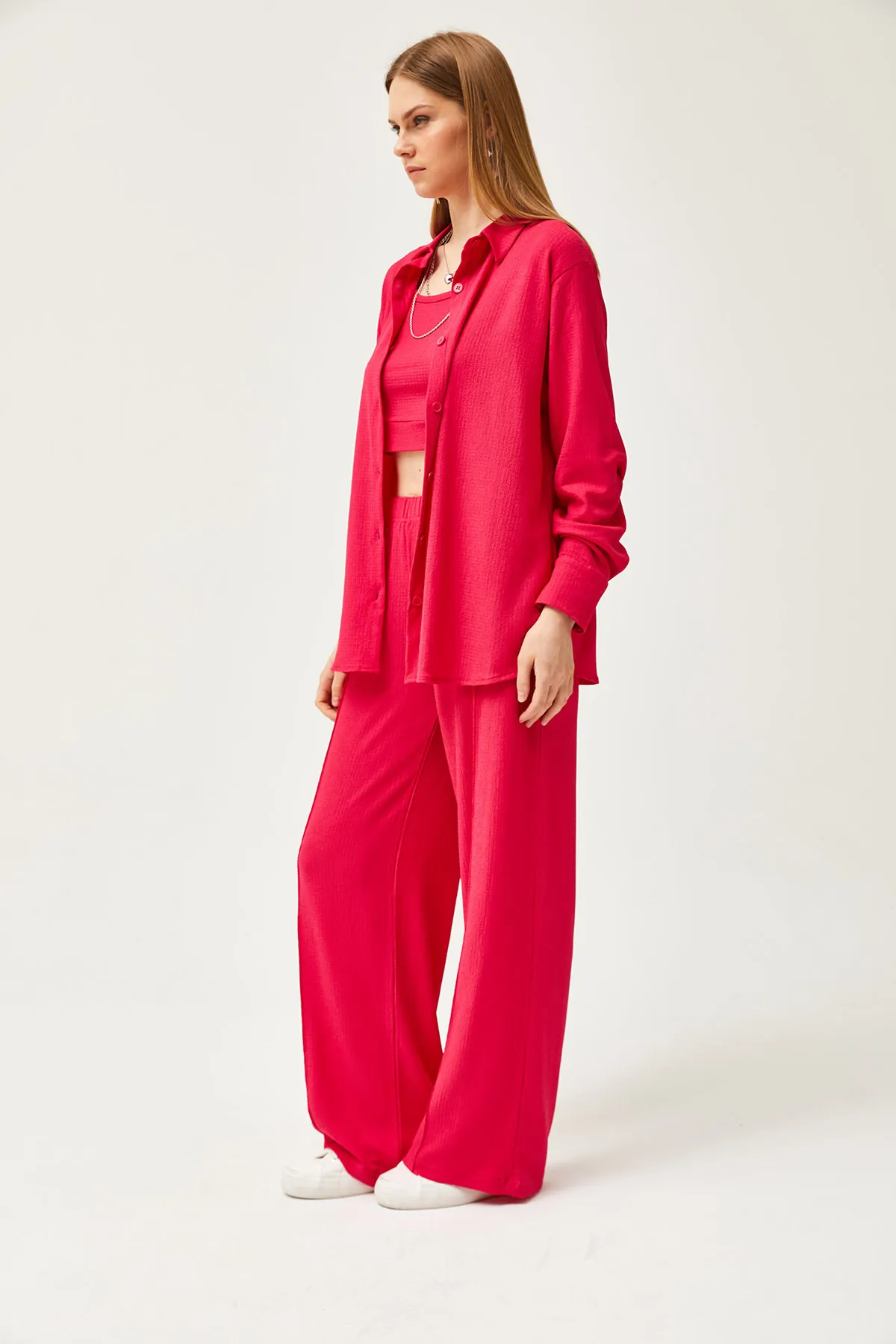 Olalook  Damen-Hemdblusen-Hosen-Set in Fuchsia, 3-teilig, TKM-19000270