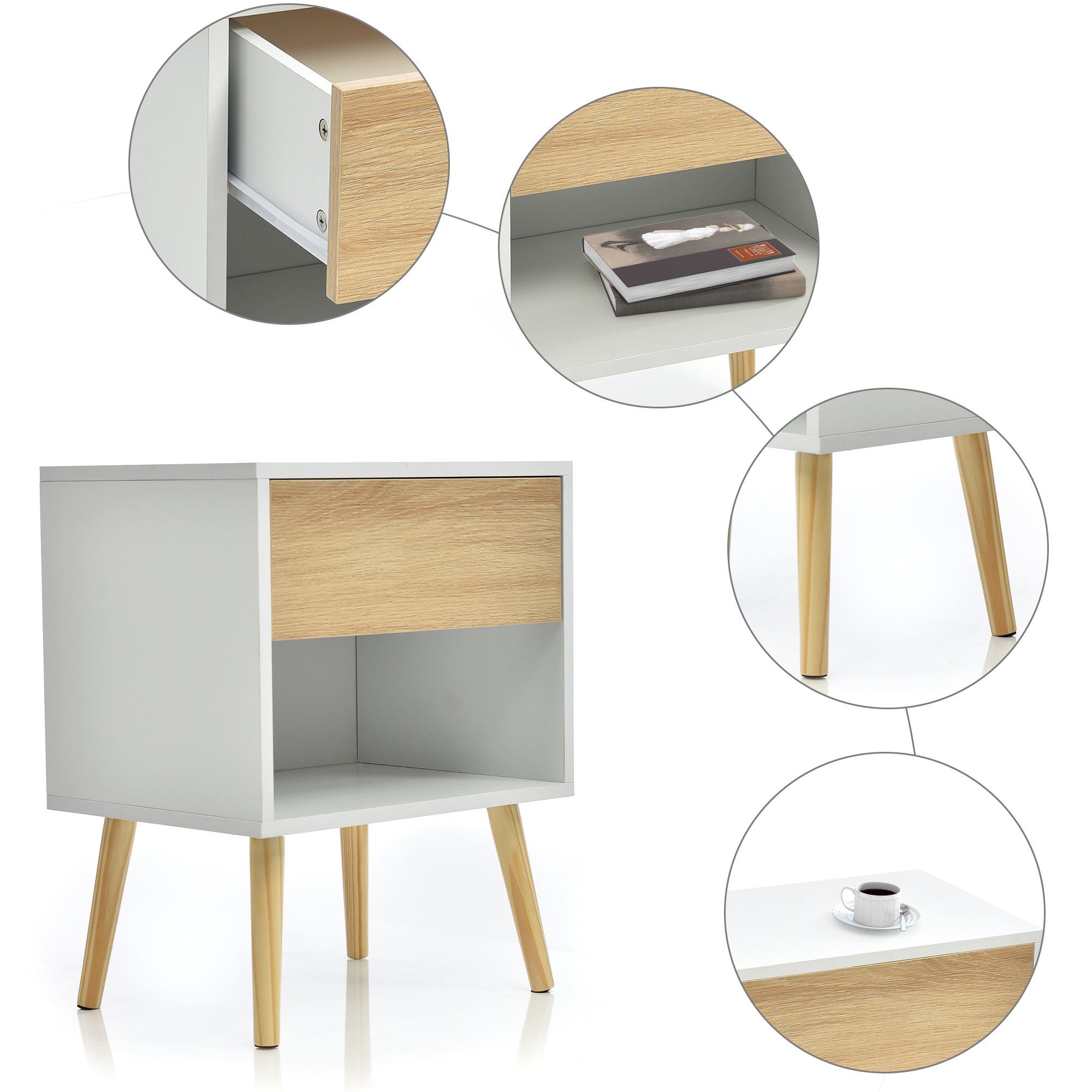 Powerwill Nachttisch 2er Set Massivholz Nachttisch Nachtschrank Beistelltisch (2-St., Holz Beistelltisch Nachtkommode Massivholzfüßen), Nachttischkommode mit Schubladen, für Bett und Schlafzimmer