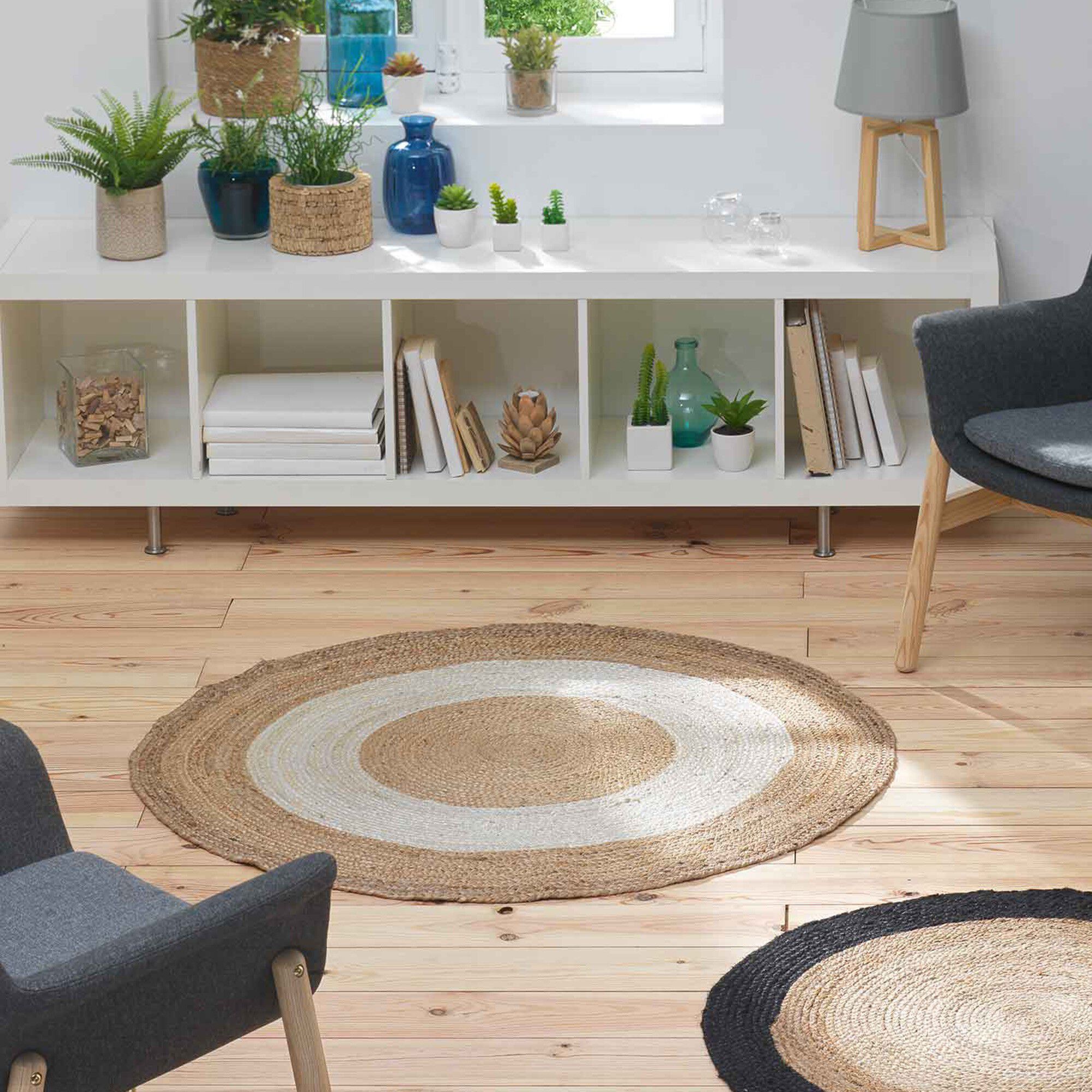 Tapis rond bicolore blanc en jute