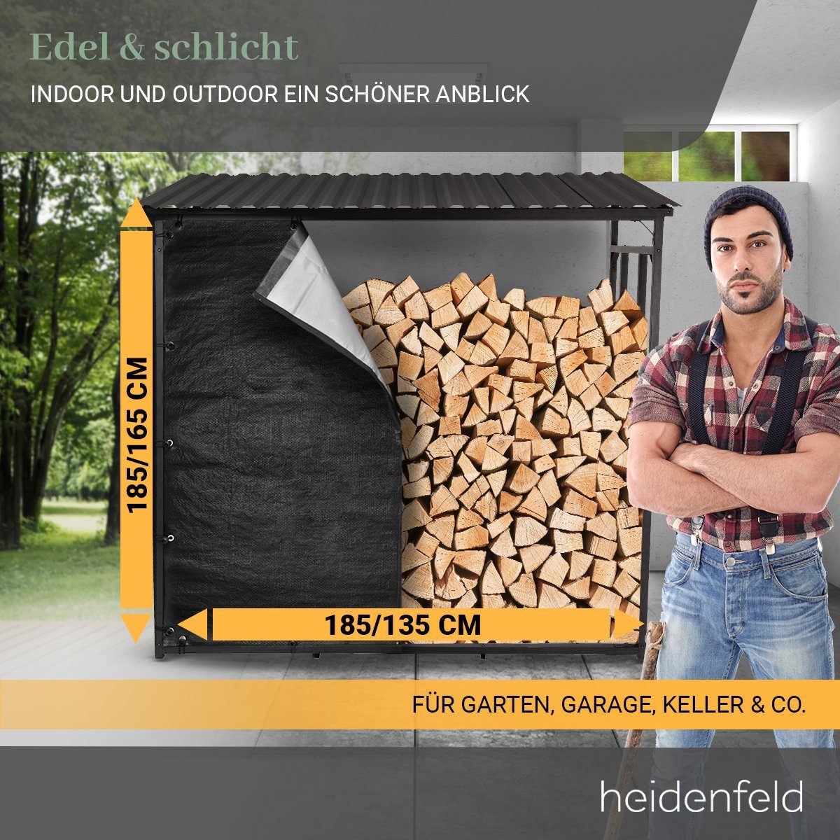 Heidenfeld Kaminholzregal Brennholzregal BR100, BxTxH:135x70x165 cm, (Kaminholzregal für außen und innen, Wetterbeständig, Welldach, 1-St., Max. Belastung 2250 kg, Stahl, Stoß- und Kratzfest), Stahl Feuerholzregal Holzstapelhilfe Holzunterstand Kamin