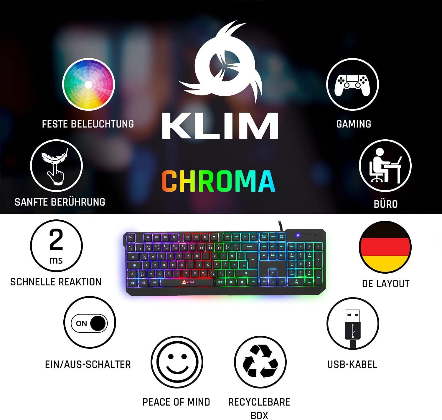 KLIM Chroma wireless Gaming, hintergrundbeleuchtete Tasten, Anti Ghosting Gaming-Tastatur (ergonomisches, wasserfestes und langlebiges Gaming Keyboard, Deutsche Tastenbelegung)