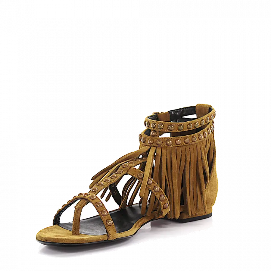 Saint Laurent - Riemchensandalen Veloursleder Fransen Nieten beige - beige